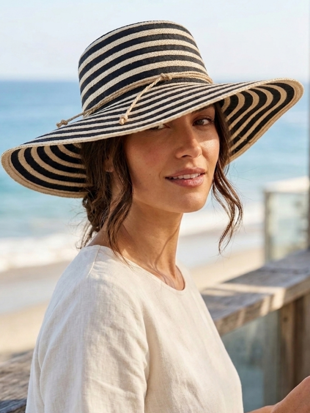 NWOT Wide Brim Sun Hat Black Ribbon & Natural Woven Stripe Wide Brim Hat OS